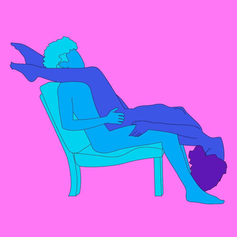 A naked illustrated couple, one is sat in a chair and the other is straddling them and leaning back.